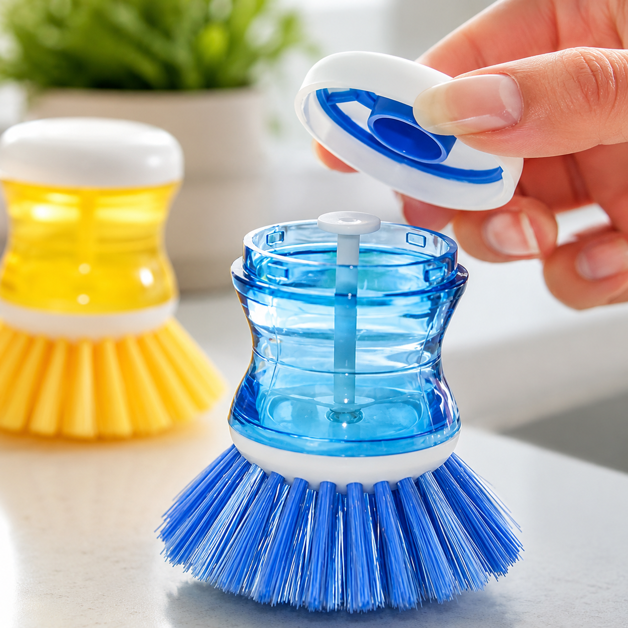 Dish/Washbasin Plastic Cleaning Brush with Liquid Soap Dispenser Plastic Wash Basin Brush Cleaner with Liquid Soap Dispenser (Multicolour)