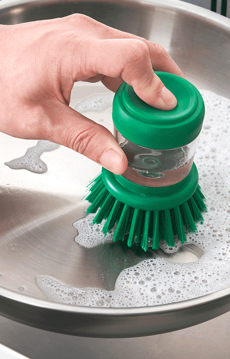 Dish/Washbasin Plastic Cleaning Brush with Liquid Soap Dispenser Plastic Wash Basin Brush Cleaner with Liquid Soap Dispenser (Multicolour)