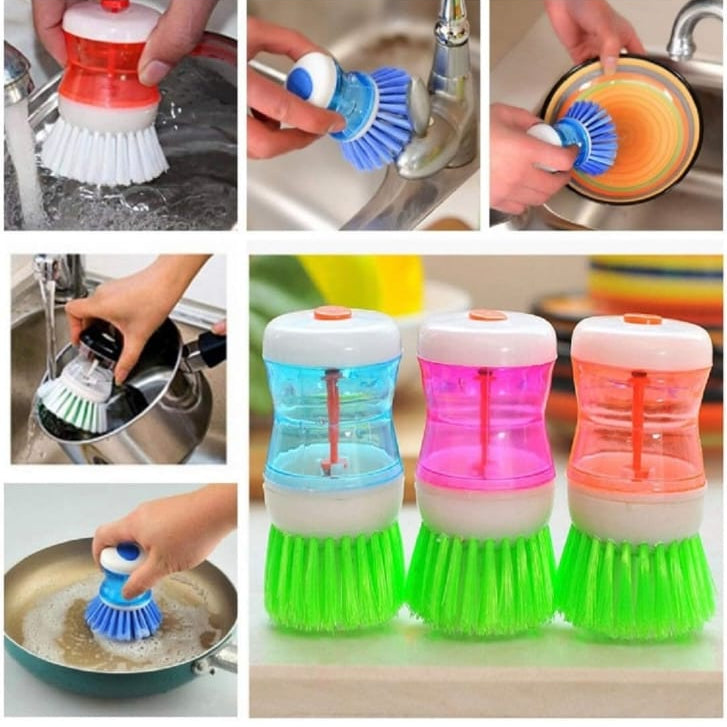 Dish/Washbasin Plastic Cleaning Brush with Liquid Soap Dispenser Plastic Wash Basin Brush Cleaner with Liquid Soap Dispenser (Multicolour)